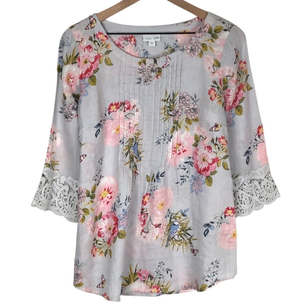 J.JILL Love Linen Floral Pintuck Lace Trim Top Sz S Gray Pink Botanical Cottage